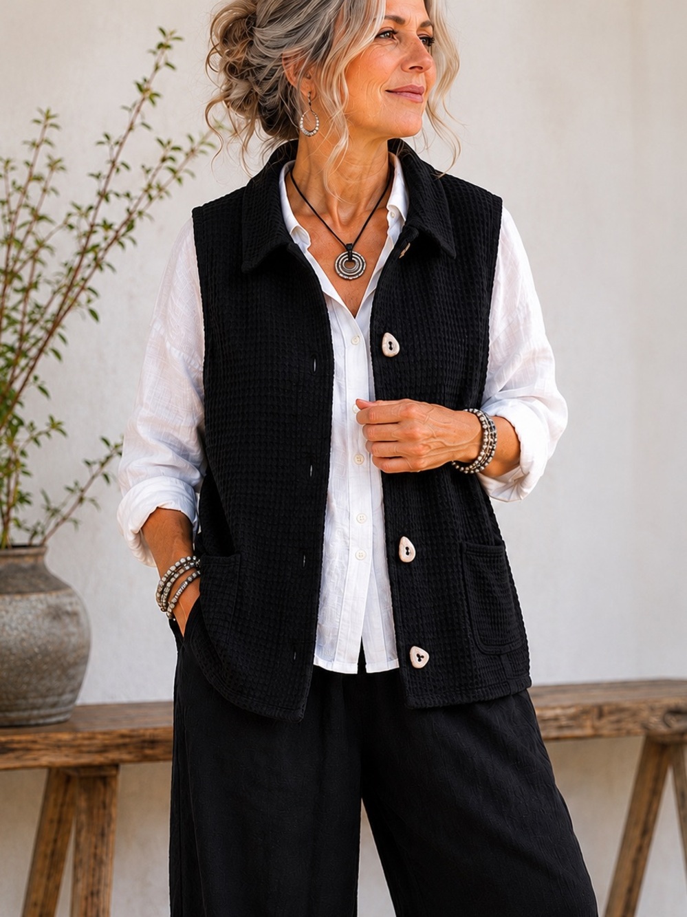 Waffle Knit Lagenlook Button Front Layering Vest
